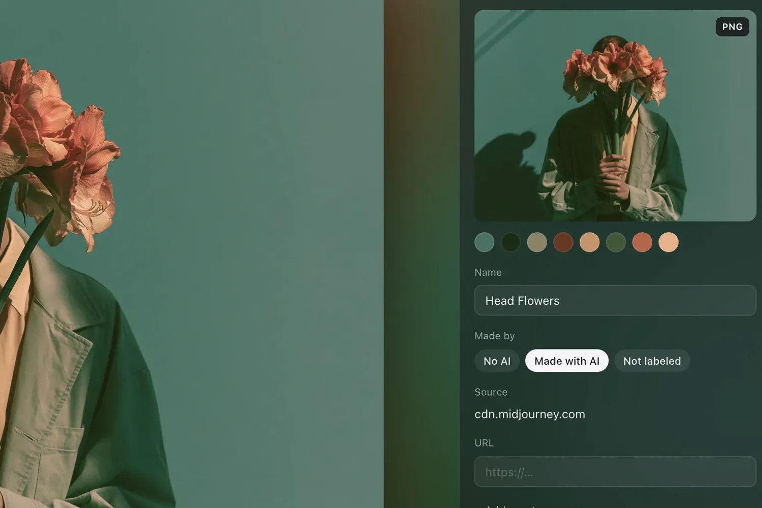 An image's details in Conocle: palette, name, AI label, and source