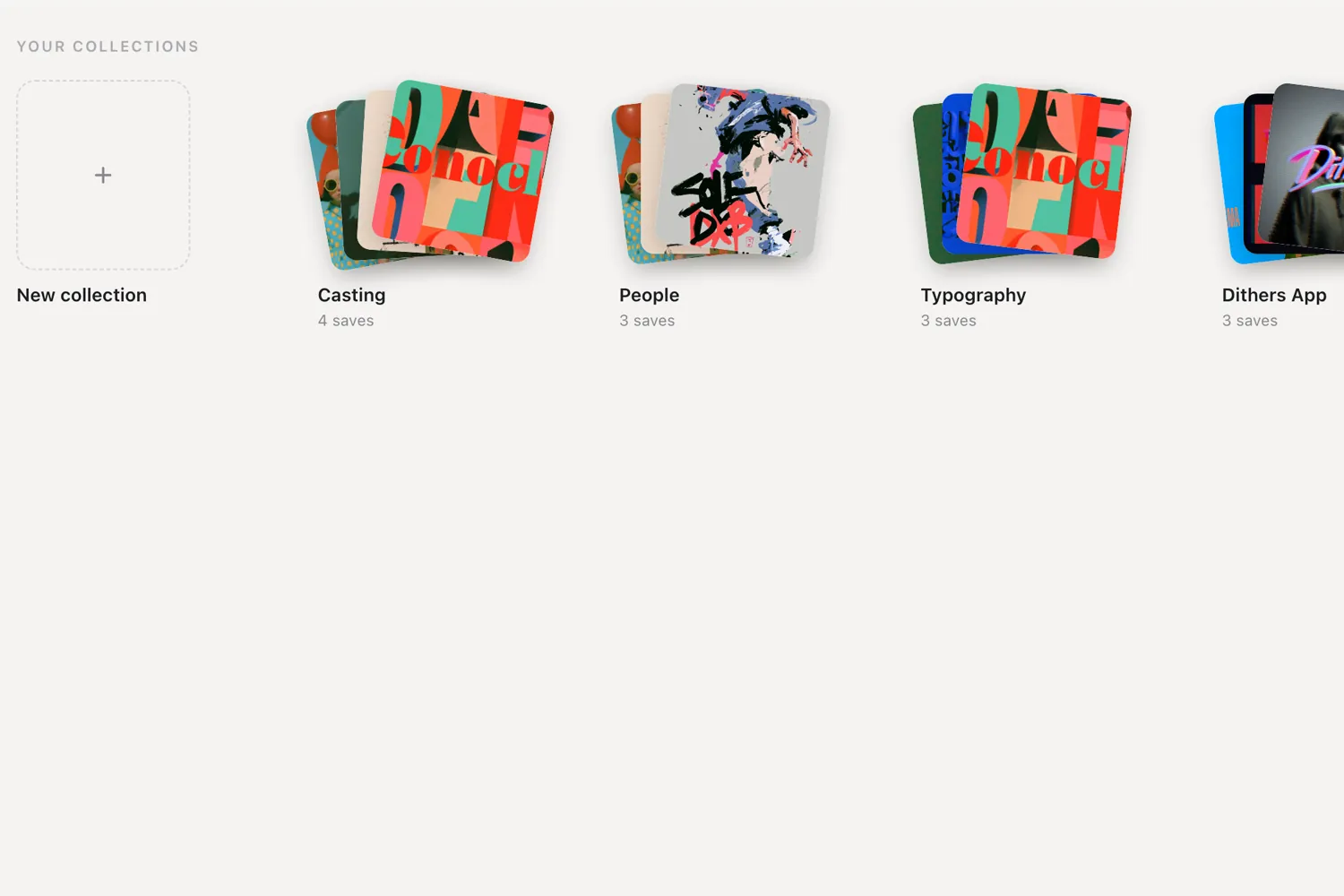 A row of collections in Conocle, each a named stack of saves